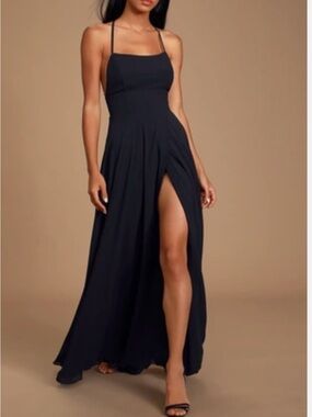 Lulu's Black Backless Halter Maxi Dress with Thigh Slit